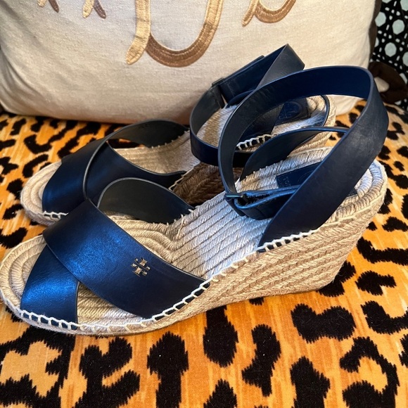 TORY BURCH Navy Cream Frieda Platform Wedge Espadrille Sandals Leather - Picture 2 of 8